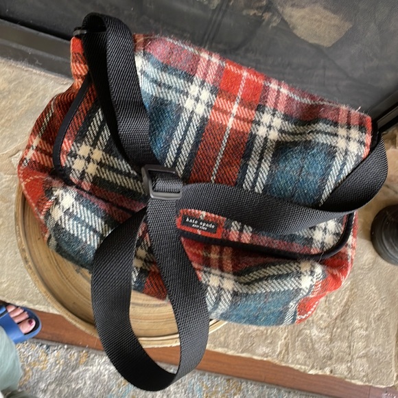 Kate Spade Wool-Plaid bag, navy-orange- cream outside, orange leaf deign inside. - Picture 2 of 13